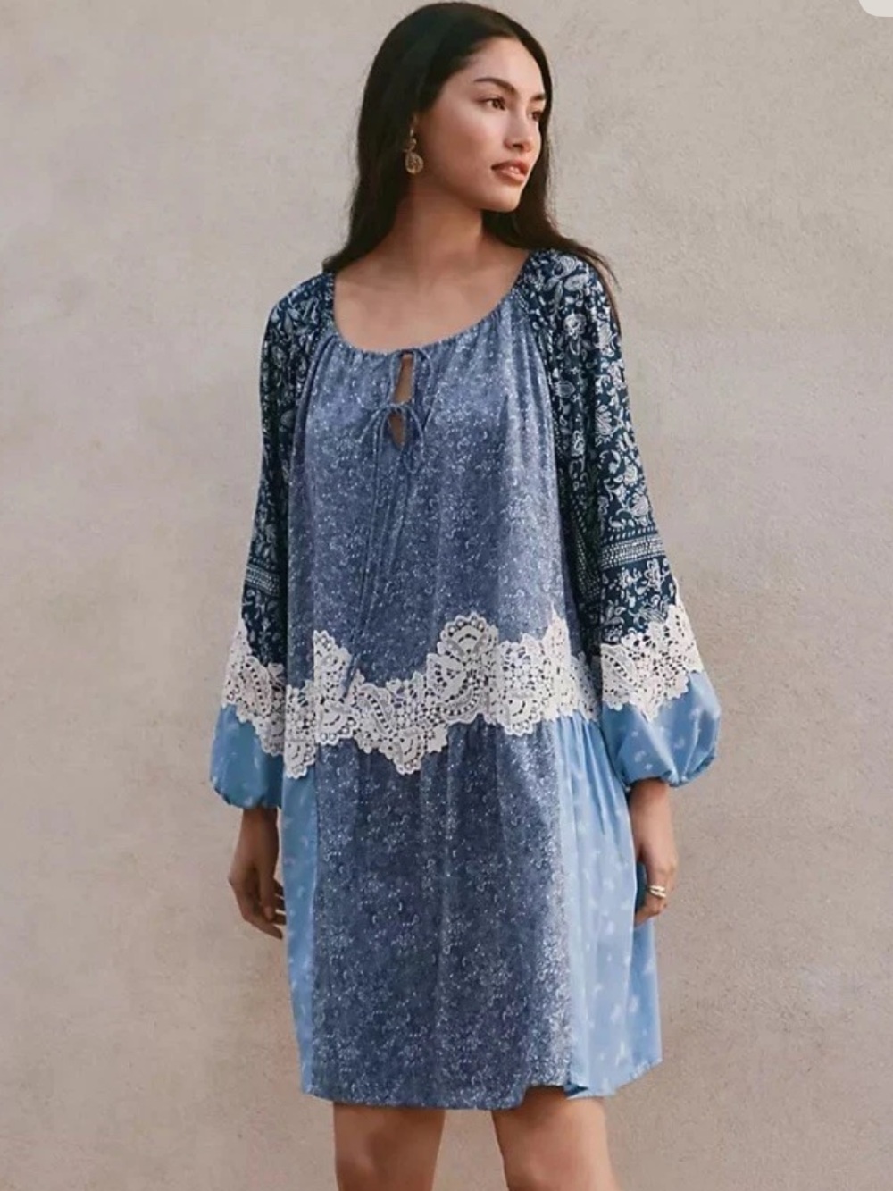 Loft Patchwork Boho Long Sleeve Dress Womens XL Cotton Hippie Blue Pockets